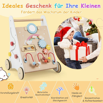 7 in 1 Lauflernwagen aus Holz mit Spielbrett &amp; Spiegel &amp; Bausteinen &amp; Aufbewahrungsbox Lauflernwagen