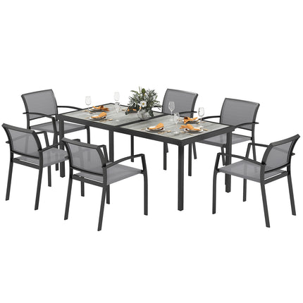 7-teiliges Outdoor-Esszimmer-Set – Stapelbare Stahlstühle