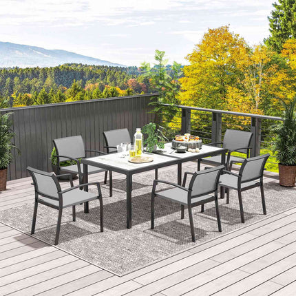7-teiliges Outdoor-Esszimmer-Set – Stapelbare Stahlstühle