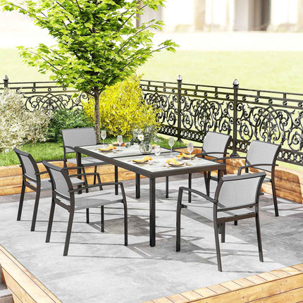 7-teiliges Outdoor-Esszimmer-Set – Stapelbare Stahlstühle