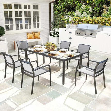 7-teiliges Outdoor-Esszimmer-Set – Stapelbare Stahlstühle