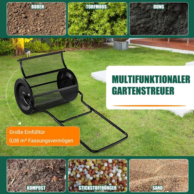 80L Kompoststreuer mit U-Griff &amp; Gitterkorb Torfstreuer Düngerstreuer Komposter Schwarz