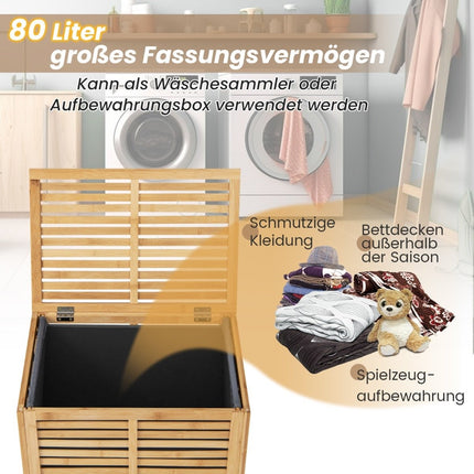 80L Wäschekorb mit Deckel &amp; abnehmbarem waschbarem Wäschesack Bambus Wäschesammler
