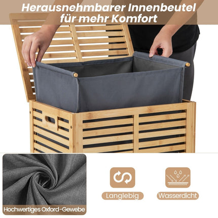 80L Wäschekorb mit Deckel &amp; abnehmbarem waschbarem Wäschesack Bambus Wäschesammler
