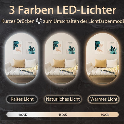 80 x 50 cm LED Wandspiegel oval dimmbar Badezimmerspiegel