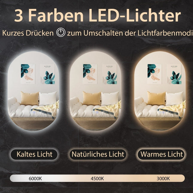 80 x 50 cm LED wall mirror oval dimmable bathroom mirror