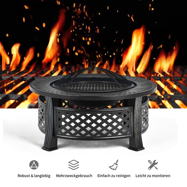 81 cm Feuerstelle mit Grill, Funkenschutz & Schürhaken