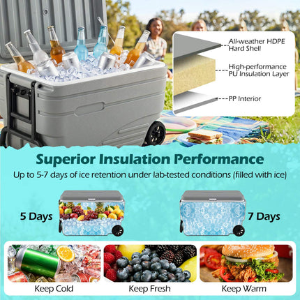 84 Quart Wheeled Ice Cooler, Gray, Foldable Handle