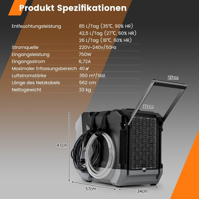 85 L/Tag Gewerbe-Luftentfeuchter mit Pumpe &amp; Ablaufschlauch &amp; 24h-Timer Bautrockner Schwarz