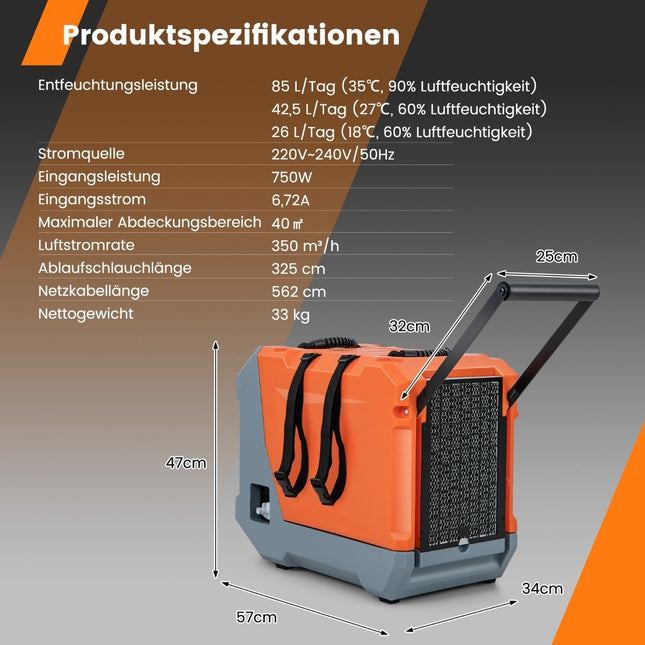 85 L/Tag Luftentfeuchter Bautrockner mit Pumpe &amp; Ablaufschlauch Industrietrocknungsgerät mit 24H Timer Orange + Grau