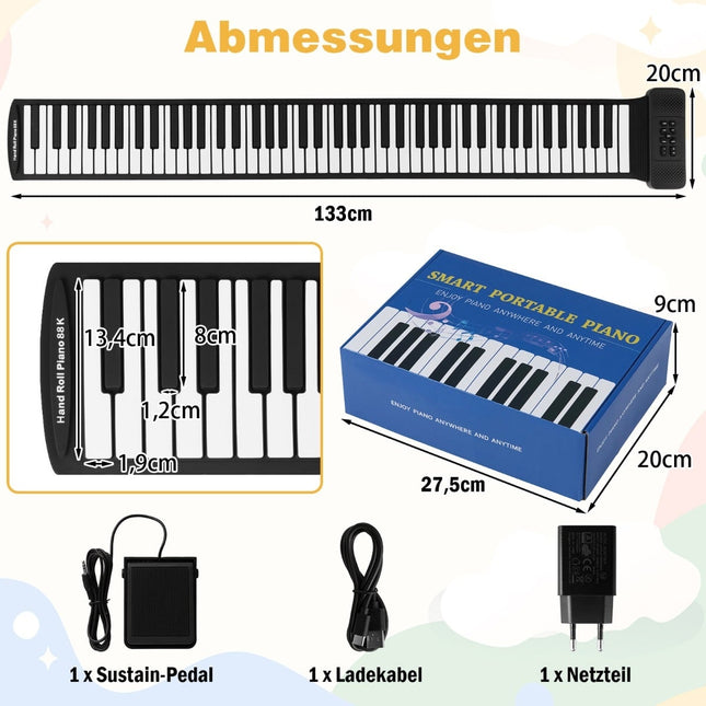 88-Tasten Roll-Up-Piano, tragbar mit 128 Rhythmen & MIDI
