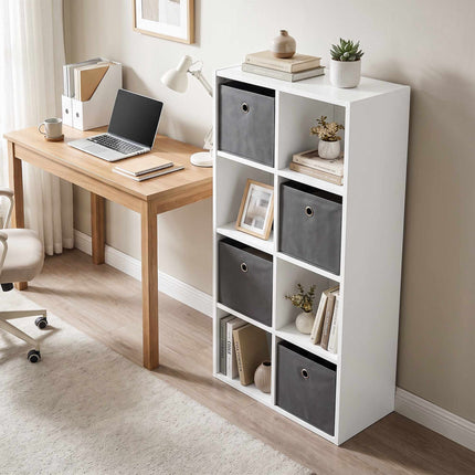 8-Cube Storage Shelf with 4 Grey Fabric Drawers, Anti-Tip Kit, White