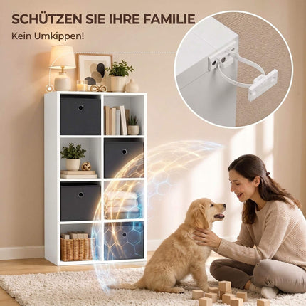 8-Cube Storage Shelf with 4 Grey Fabric Drawers, Anti-Tip Kit, White