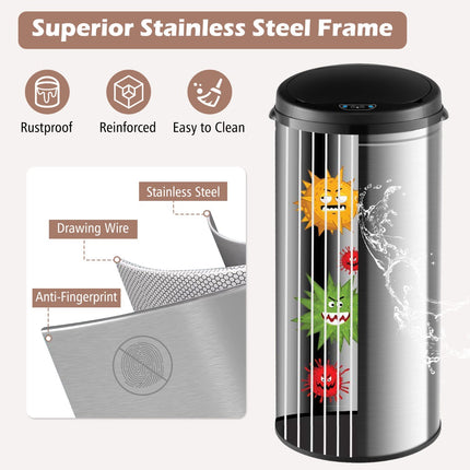 8 Gallon Touchless Motion Sensor Trash Can, Stainless Steel, Silver