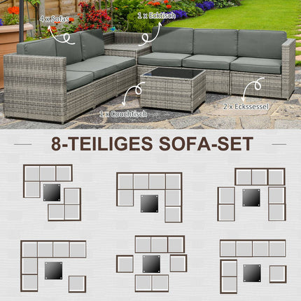 8-part patio in poly rattan, gray steel and polyester