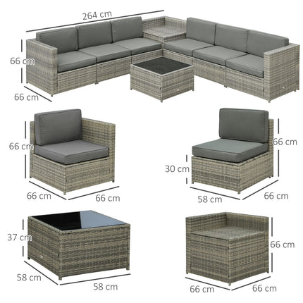8-part patio in poly rattan, gray steel and polyester