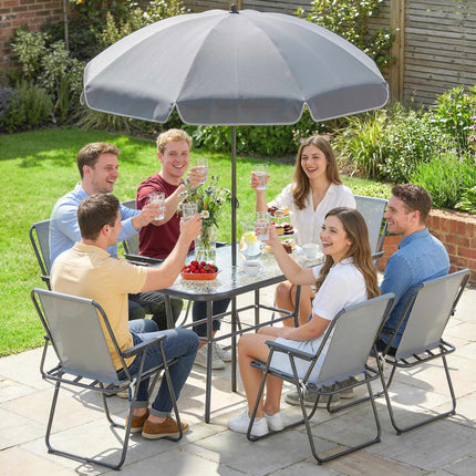 8-teiliges Outdoor-Esszimmer-Set mit Sonnenschirm, klappbare Stühle