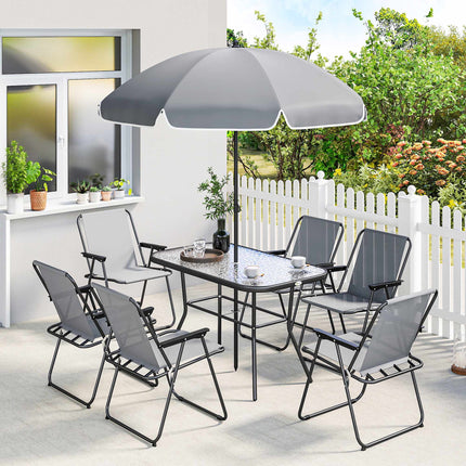 8-teiliges Outdoor-Esszimmer-Set mit Sonnenschirm, klappbare Stühle