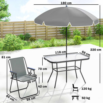8-teiliges Outdoor-Esszimmer-Set mit Sonnenschirm, klappbare Stühle