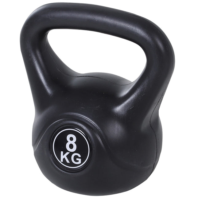Kettlebell van 8 kg, gevuld met zand, zwart, geschikt voor beginners.