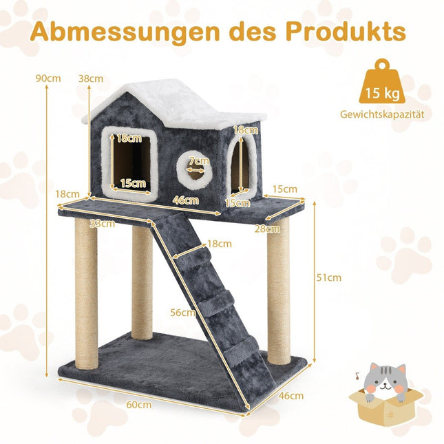 90 cm hoher Kratzbaum mit großer Höhle &amp; Leiter &amp; Sisalstämmen Katzenbaum Kletterbaum grau