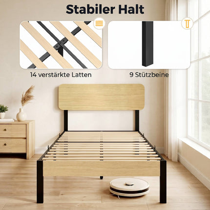 90 x 200 cm Metallbettgestell mit Kopfteil, Ablage