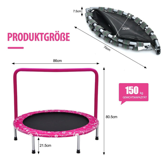 92cm Kindertrampolin, Minitrampolin mit Haltegriff, Faltbares Trampolin, Belastbar bis 150kg, Pink + Schwarz