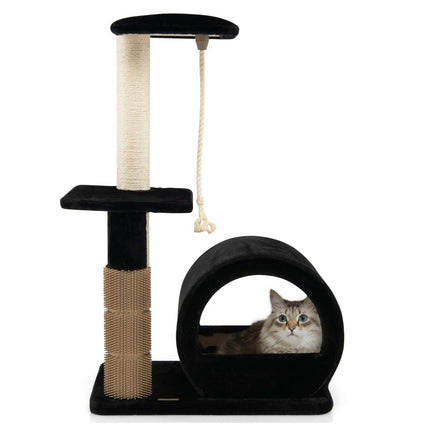 92 cm scratching post with cave & scratching board & grooming brush & ball & plush seat black