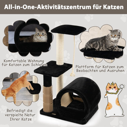 92 cm scratching post with cave & scratching board & grooming brush & ball & plush seat black