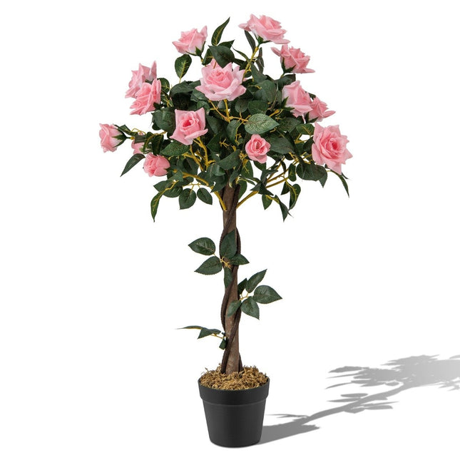 93 cm Rosenbaum mit 21 Kiefernrosen &amp; Naturstamm Kunstbaum mit Blüten