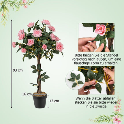 93 cm Rosenbaum mit 21 Kiefernrosen &amp; Naturstamm Kunstbaum mit Blüten