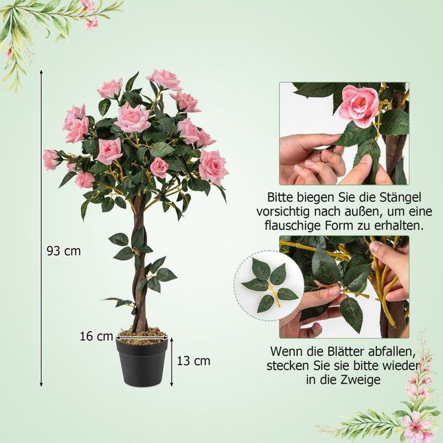 93 cm Rosenbaum mit 21 Kiefernrosen &amp; Naturstamm Kunstbaum mit Blüten