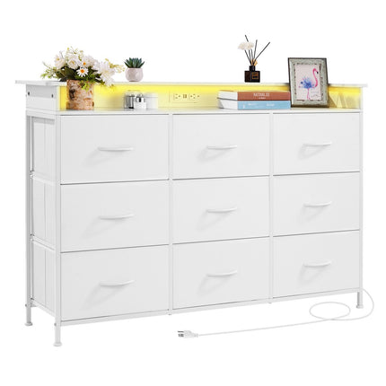 9 Drawer Tall Fabric Dresser with LED Lights, Outlet, White