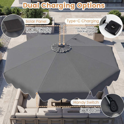 9 Ft Solar Patio Umbrella with LED Lights, Gray