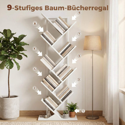 9-stöckiges Baum-Bücherregal, weißer industrieller Stahlrahmen