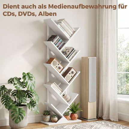 9-stöckiges Baum-Bücherregal, weißer industrieller Stahlrahmen