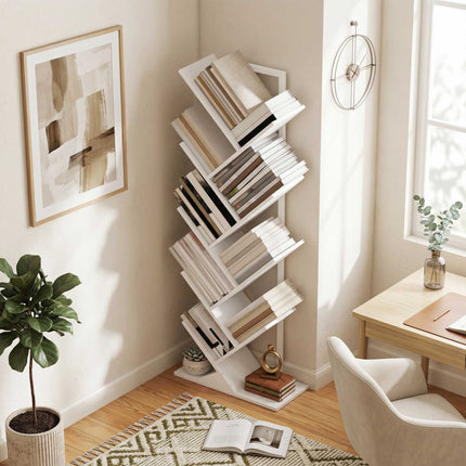 9-stöckiges Baum-Bücherregal, weißer industrieller Stahlrahmen