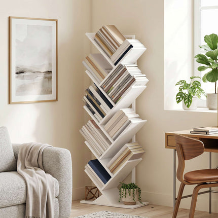 9-stöckiges Baum-Bücherregal, weißer industrieller Stahlrahmen