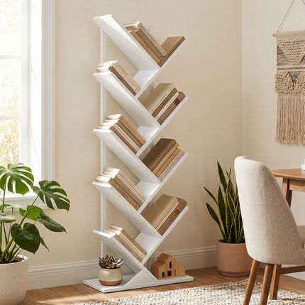 9-stöckiges Baum-Bücherregal, weißer industrieller Stahlrahmen