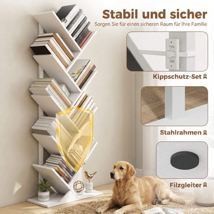 9-stöckiges Baum-Bücherregal, weißer industrieller Stahlrahmen