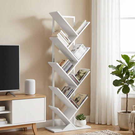 9-stöckiges Baum-Bücherregal, weißer industrieller Stahlrahmen