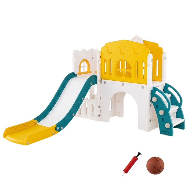 9-in-1 peuterglijbaanset met basketbalring en tunnel