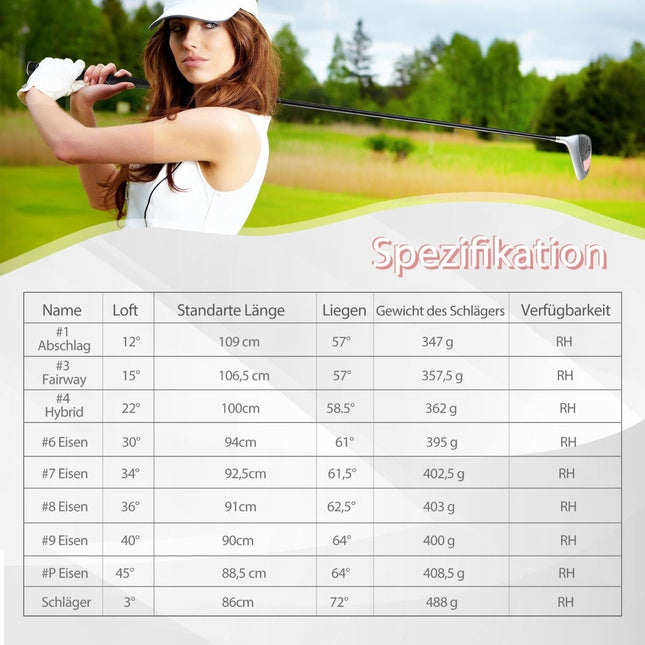 Complete golfclubset van 9 stuks voor rechtshandige vrouwen, inclusief hoofddeksels