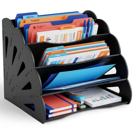 A4 MDF Desk Organiser, 5 Compartments - Black