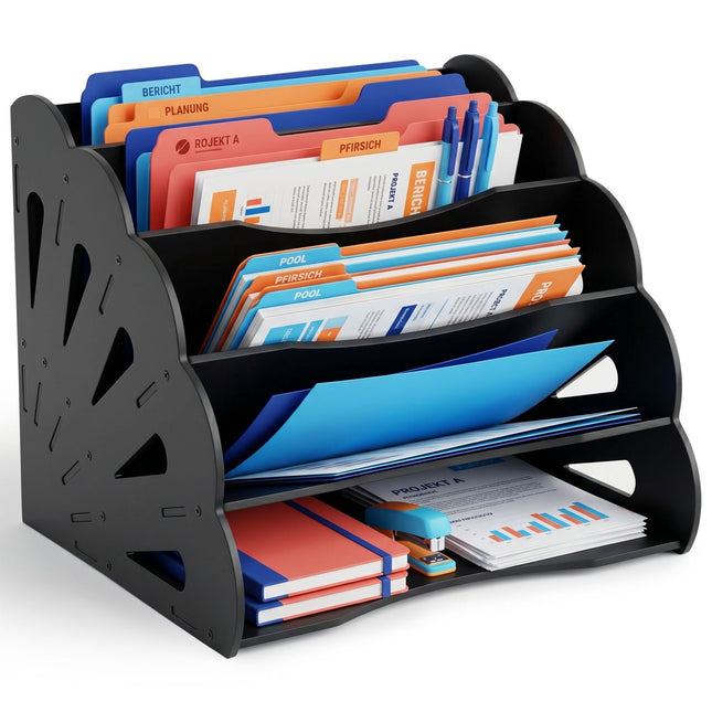 A4 MDF Schreibtisch-Organizer, 5 Fächer - Schwarz