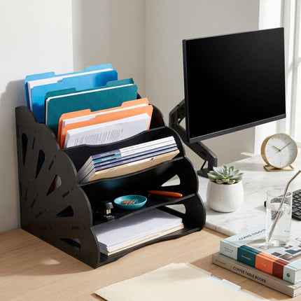 A4 MDF Desk Organiser, 5 Compartments - Black