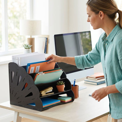 A4 MDF Desk Organiser, 5 Compartments - Black