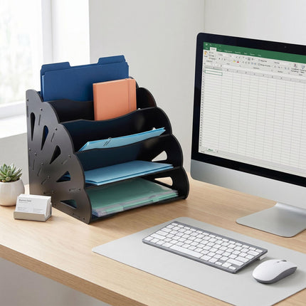 A4 MDF Desk Organiser, 5 Compartments - Black