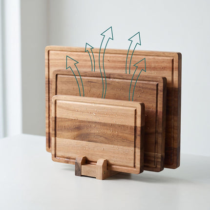 Acacia Wood Chopping Board Set with Stand, 3-Piece