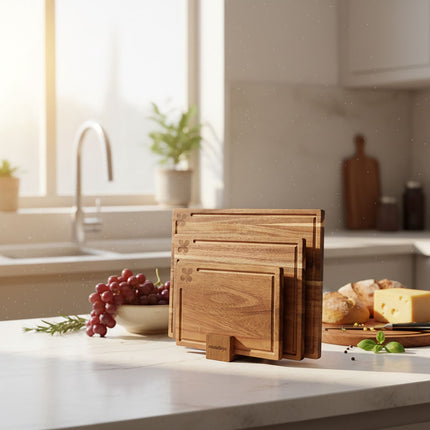 Acacia Wood Cutting Boards Set with Stand – 3 Pieces